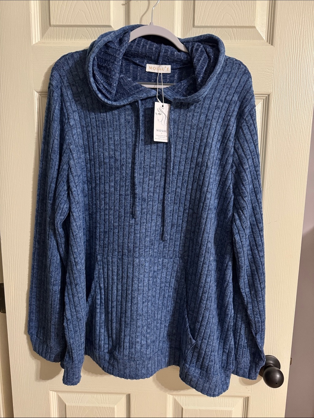 Moshu Women's Blue Ribbed Hooded Pullover Sweater Top NWT 2XL